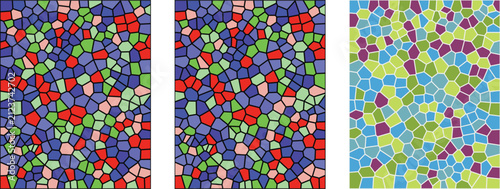 A vibrant digital art composition featuring a colorful stained glass mosaic pattern with intricate geometric shapes and bright multicolored textures for modern interior design backgrounds