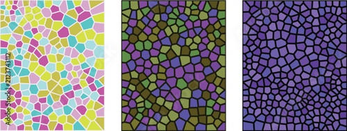 A vibrant set of three distinct abstract backgrounds featuring a stained glass mosaic pattern with colorful geometric shapes and textured artistic designs for creative projects