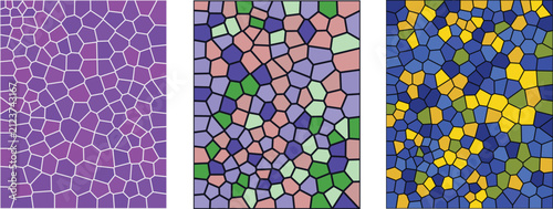 A vibrant collection featuring a stained glass mosaic pattern with colorful geometric shapes and abstract artistic textures suitable for modern interior design and creative backgrounds