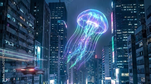 Giant glowing jellyfish over futuristic neon city.
