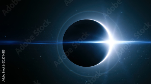 Solar eclipse with glowing corona against dark space background
