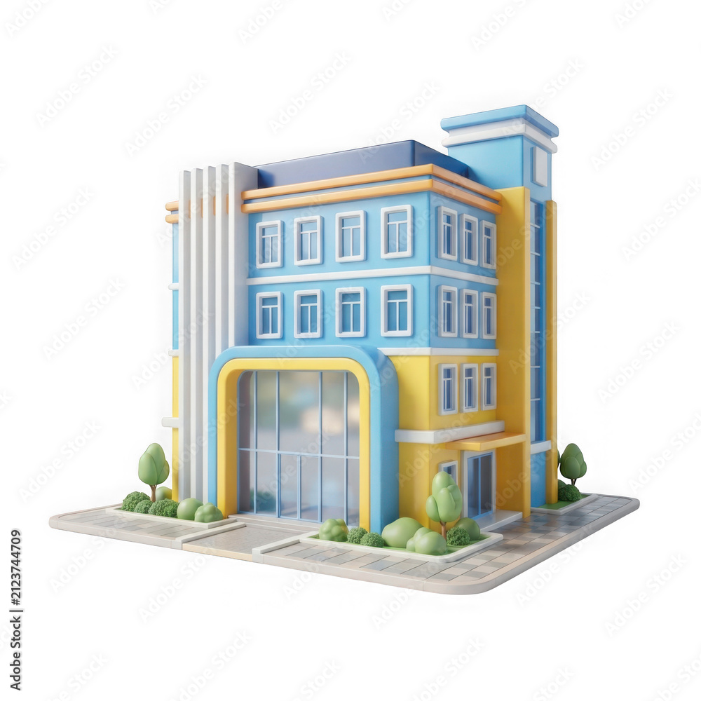 Obraz premium 3d rendered modern office building with blue and yellow facade isolated on transparent background