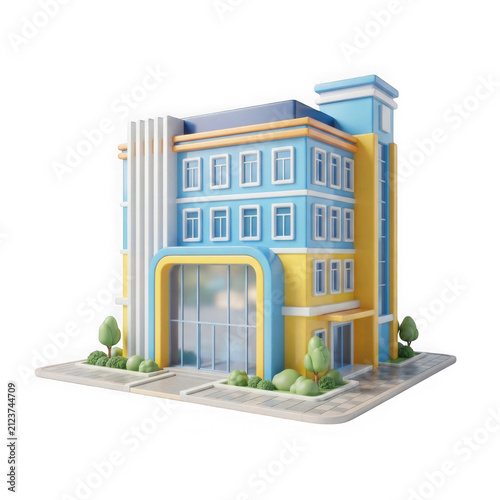 3d rendered modern office building with blue and yellow facade isolated on transparent background