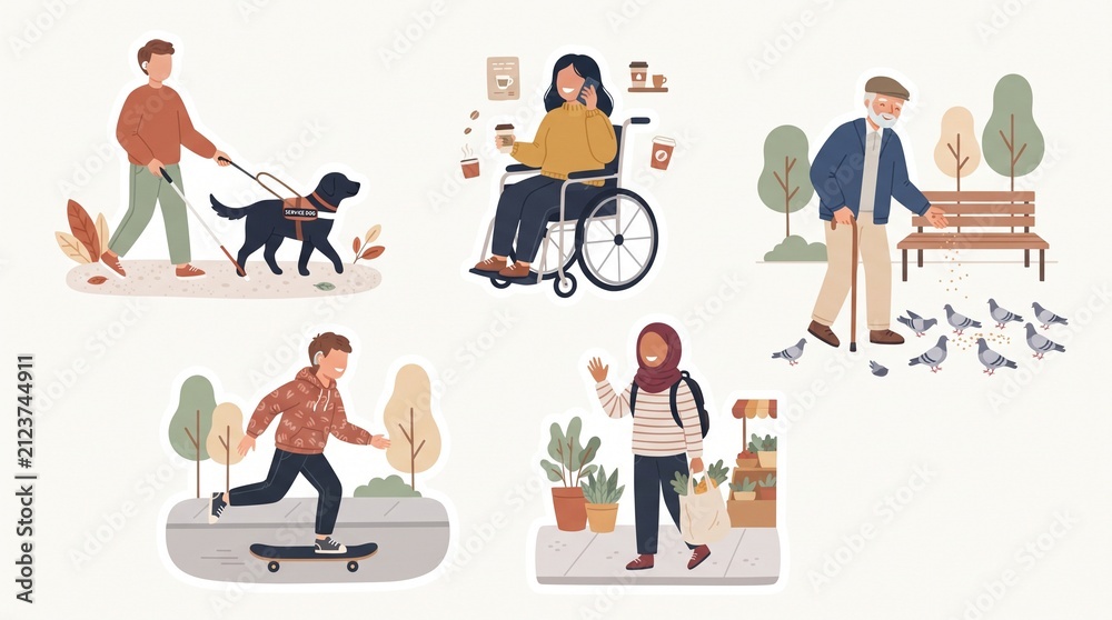 Fototapeta premium People with disabilities daily life. Diverse characters in inclusive community activities.