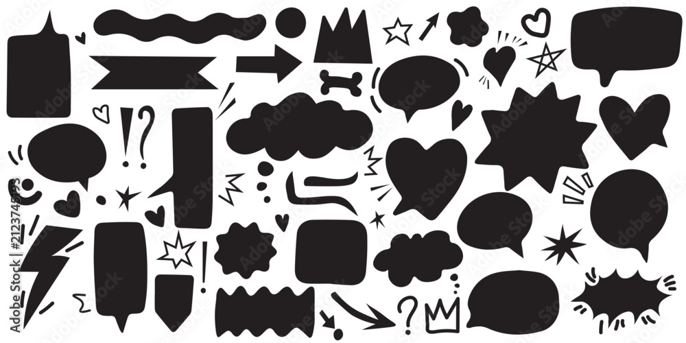 Fototapeta premium Black speech bubbles set with doodle icons, thought balloons, stars, hearts, arrows, and punctuation marks isolated on white background. Dialogue frames for comics and social media.