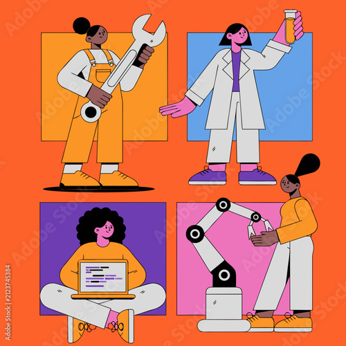 Women in STEM Careers Collection with Engineer Scientist Programmer and Robotics Expert Flat Vector