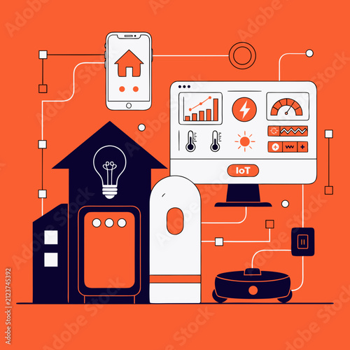Modern Smart Home Dashboard Featuring Connected Devices and Energy Saving Appliances Editable Vector Illustration
