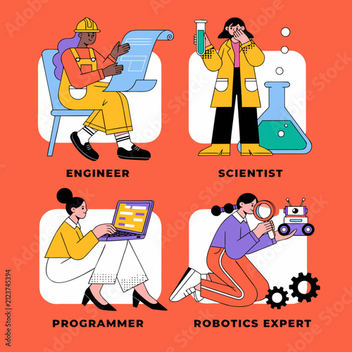 Diverse Women in STEM Professionals Set Featuring Engineer Scientist Coder and Robotics Specialist