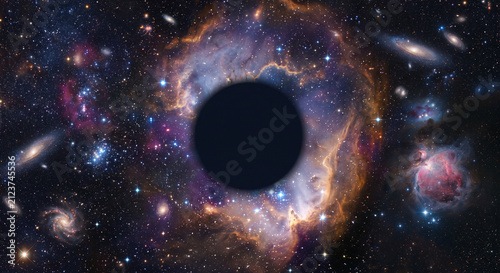 Enigmatic Cosmic Void A Dark Celestial Body Obscuring Distant Starfields and Spiraling Galaxies in the Vastness of the Universe