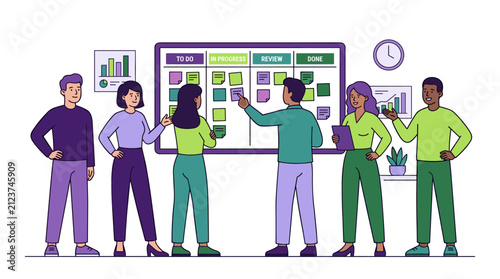 Agile scrum team collaborating during a daily standup meeting in front of a kanban board with