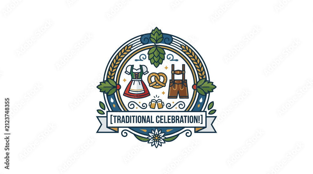 Fototapeta premium Traditional festival badge with ethnic clothing and festive icons
