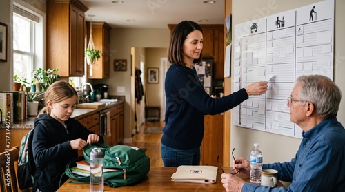Shared planning cards connect child, senior and professional duties, presenting caregiving as scheduling, communication and practical coordination across the family household.