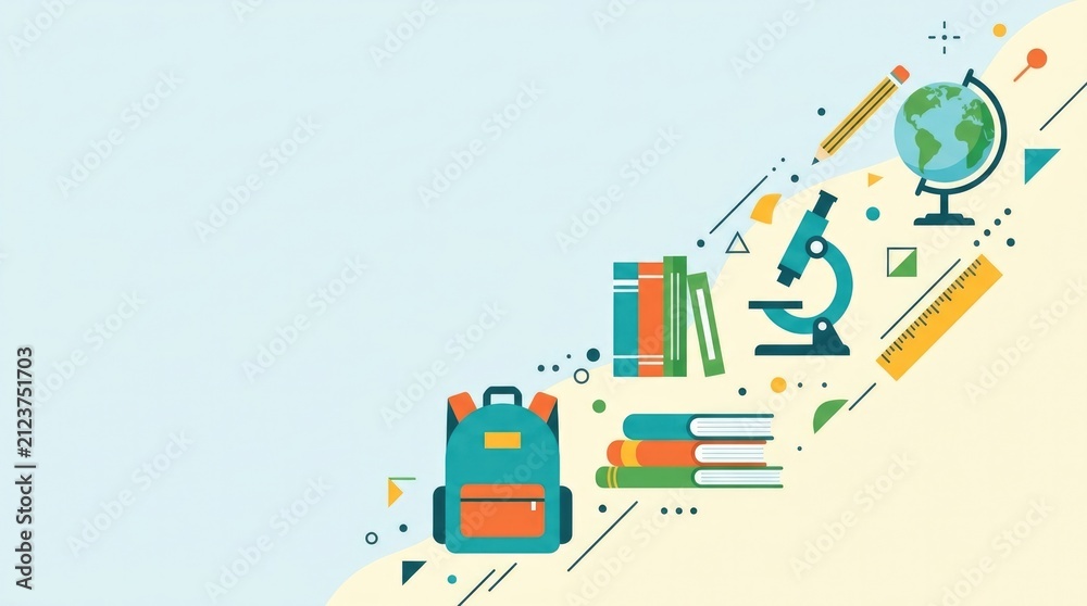 Obraz premium Academic symbols including backpack, books, microscope, globe, pencil and ruler flowing diagonally across a clean background with a large empty copy space for a contemporary Back to School sale banner