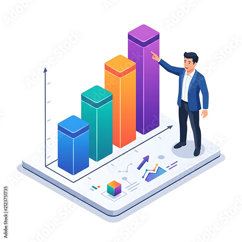 Isometric vector illustration of a businessman pointing at a rising 3D bar chart on a digital tablet for financial growth and data analysis