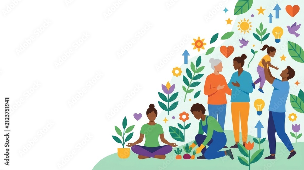 Fototapeta premium Community wellness concept with diverse people, calming plants, hearts and positive wellbeing symbols flowing along one side, generous copy space for a World Mental Health Day awareness banner