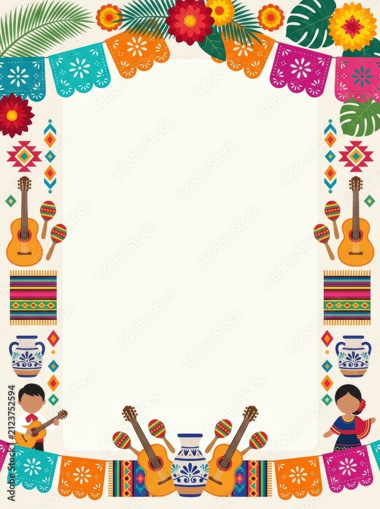 Fototapeta premium Floral motifs, papel picado banners, guitars, maracas, woven textiles, tropical leaves, artisan pottery, geometric ornaments and festive cultural decorations forming an elegant decorative frame