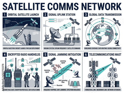 Foto Satellite communication network shows launch, data transmission, encrypted hands