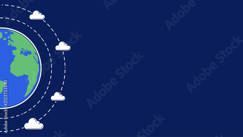 Global cloud computing network vector background illustration with planet earth and orbiting clouds on dark blue backdrop with copy space