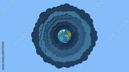 Layered abstract graphic of Earth within concentric smoke rings depicting environmental pollution and climate crisis themes