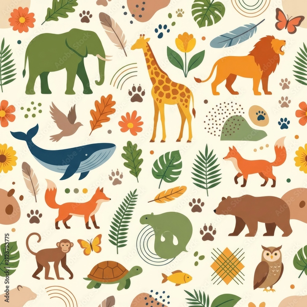 Fototapeta premium World Animal Day packaging pattern made from animal silhouettes, leaves, flowers, feathers, paw prints, butterflies and organic geometric accents optimized for gift wrap and product labels
