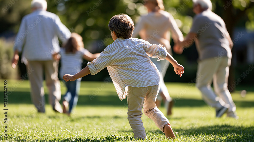 Fototapeta premium Grandparents photographed from behind playing with their grandchildren on a bright green lawn faceless rear view group in a simple game clean sunny setting family play
