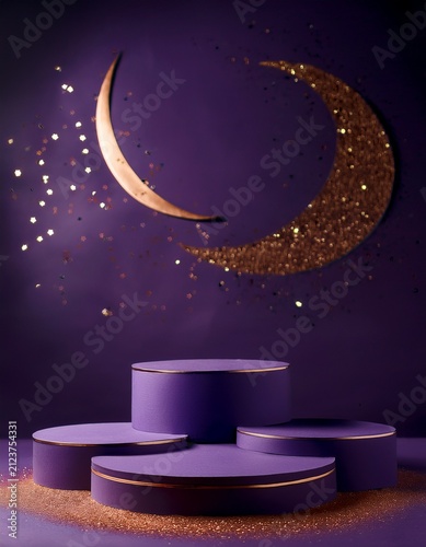 Dark purple empty podiums on dark purple background with copper glitters in shape of moon with copy space