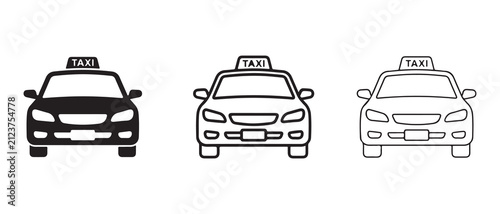 taxi cars with signage displayed in varying line art styles isolated on transparent background