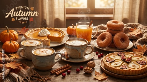 Premium autumn flavors concept featuring pumpkin pie warm lattes cider cinnamon sticks seasonal donuts baked treats nuts fresh cranberries and fall leaves on wooden rustic table.