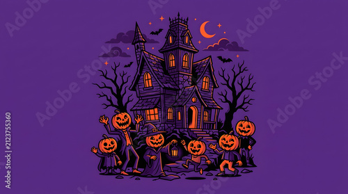 Vector illustration of haunted house with pumpkin characters for Halloween celebration