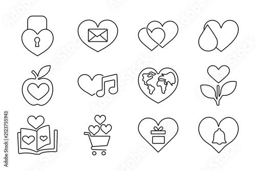 Heart love symbol line art icon set includes lock, envelope, world globe, shopping cart, and gift box vector icons.