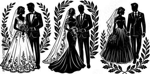 Fotografie Romantic Wedding Silhouette Collection With Couples In Formal Dress And Bridal G
