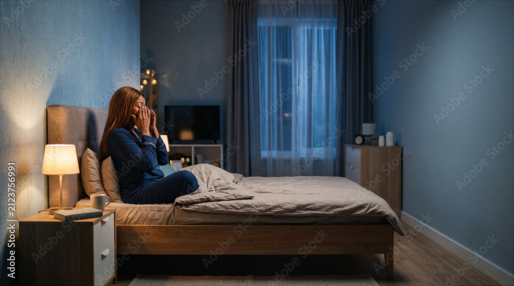 Fototapeta premium Afro American woman sitting awake on bed and rubbing tired eyes at night. Insomnia and sleep deprivation concept