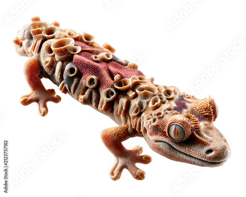 Unusual Gecko Form: A striking reptile with unique textured skin and vibrant coloration, resembling a natural sculpture, presented in a studio setting.
