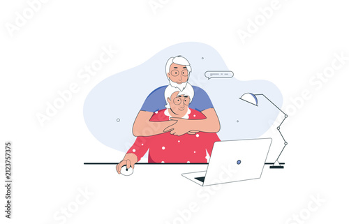 Flat vector illustration of a happy senior couple using a laptop. Positive concept of digital literacy and online communication, ideal for edtech, family internet providers or social campaigns.