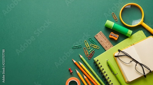 Flat lay composition of school and office supplies including notebooks, pencils, glasses, and a magnifying glass arranged neatly on a green background.