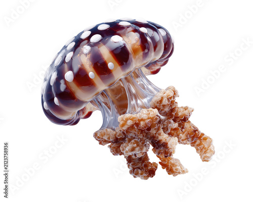 Spotted Jellyfish Elegance: A beautifully patterned jellyfish, adorned with white spots on a deep brown bell, drifts gracefully in the water, its delicate tentacles trailing behind.