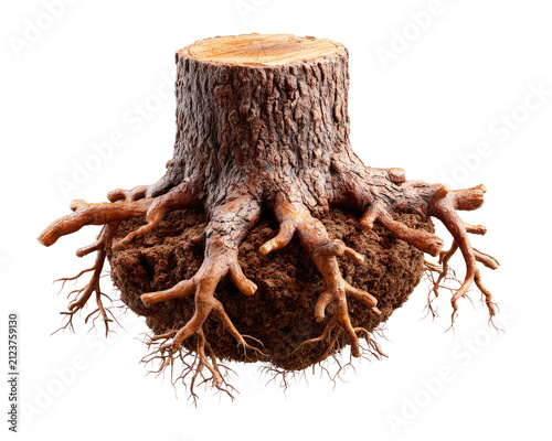 Tree Stump and Root System: A detailed close-up reveals the intricate network of a tree's root system emerging from a weathered tree stump, symbolizing resilience and grounding.