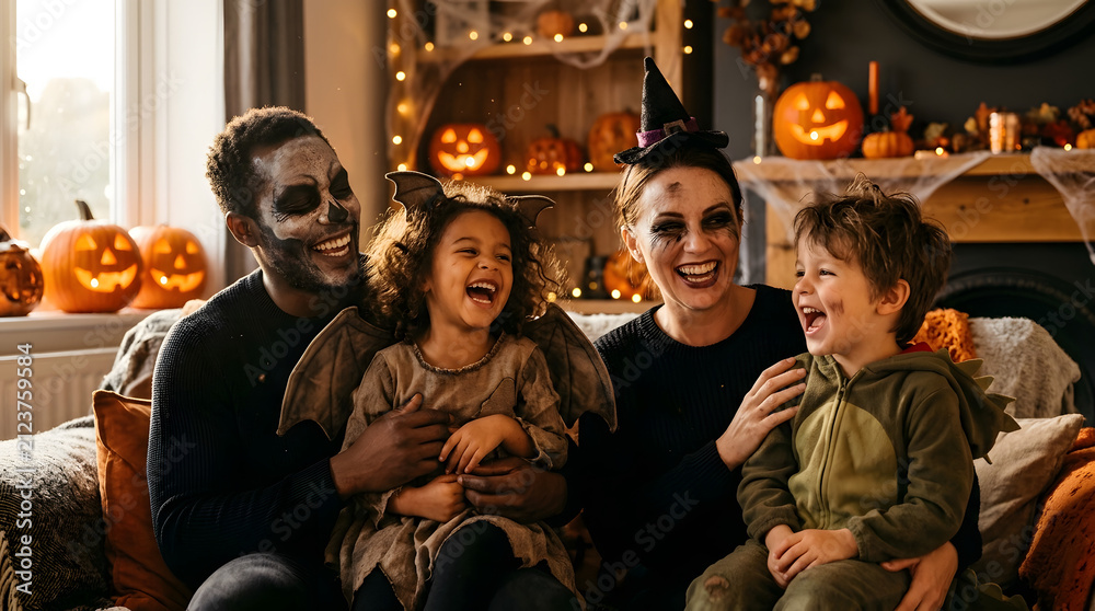 Obraz premium Happy multiracial family celebrating Halloween with costumes and makeup at home