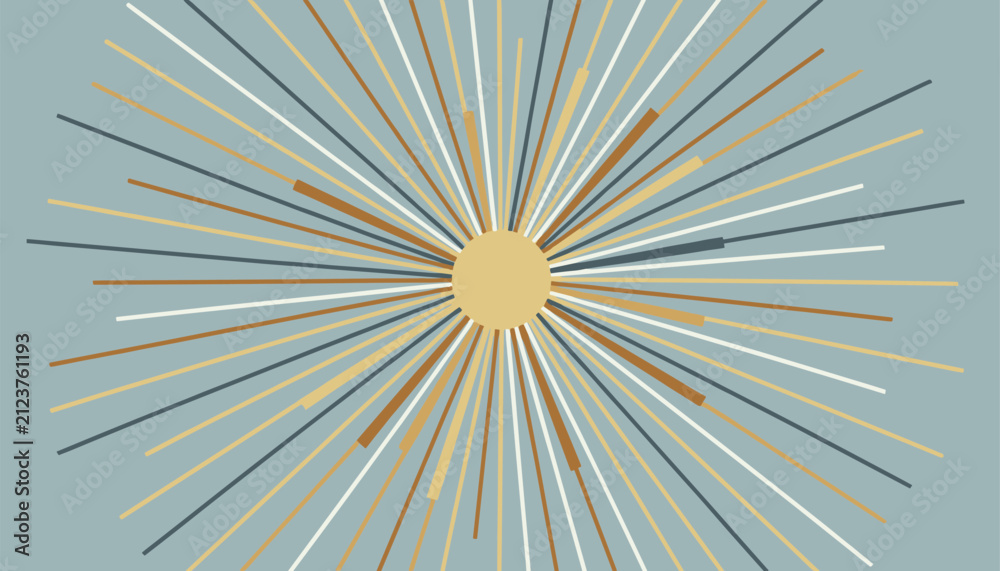 Obraz premium Abstract sunburst design with multicolored lines radiating from a central golden circle on a blue background.