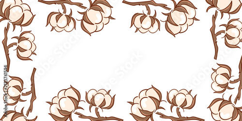 Cotton flower frame with organic plant branches. Decorative botanical border. Natural eco style floral element. Flat illustration for wedding invitation card. Vector design.