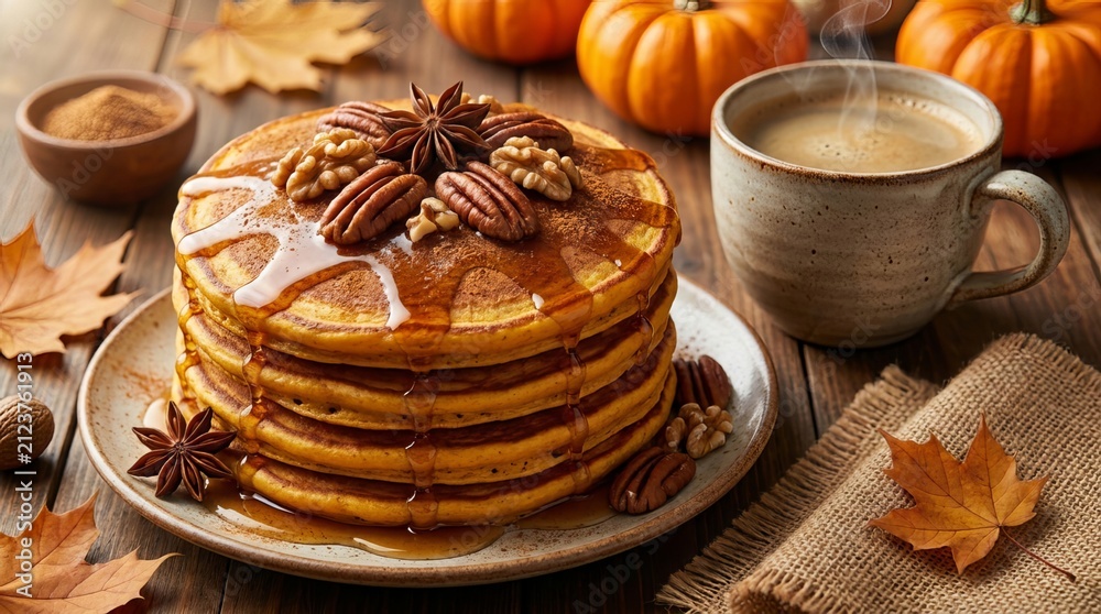 Fototapeta premium Stack of fluffy pumpkin pancakes topped with pecans, star anise, and drizzled with syrup, served with a steaming mug of coffee and mini pumpkins, cozy autumn breakfast.