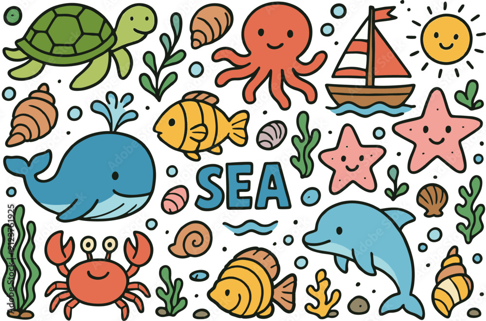 Fototapeta premium Sea Theme Doodle Vector Icon Set