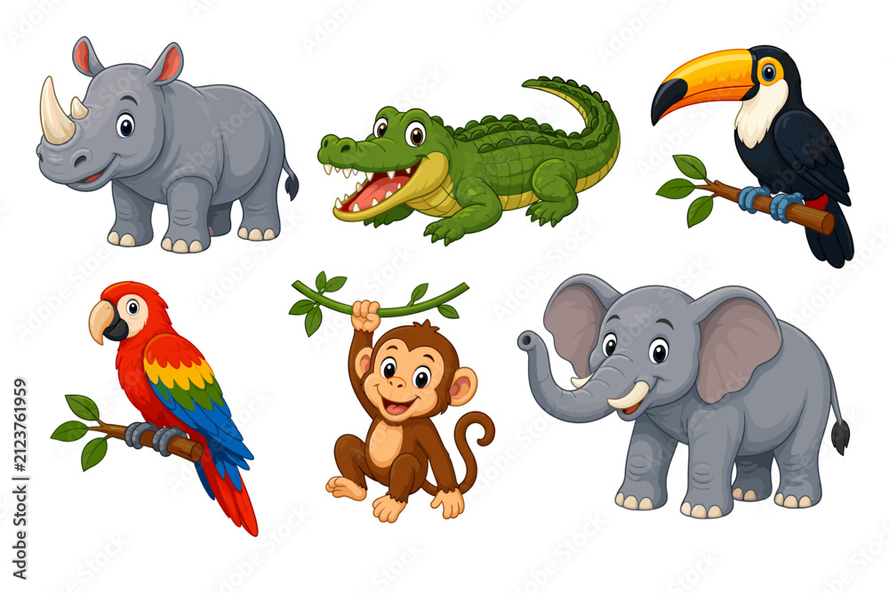 Fototapeta premium Cartoon jungle animals collection with birds and mammals
