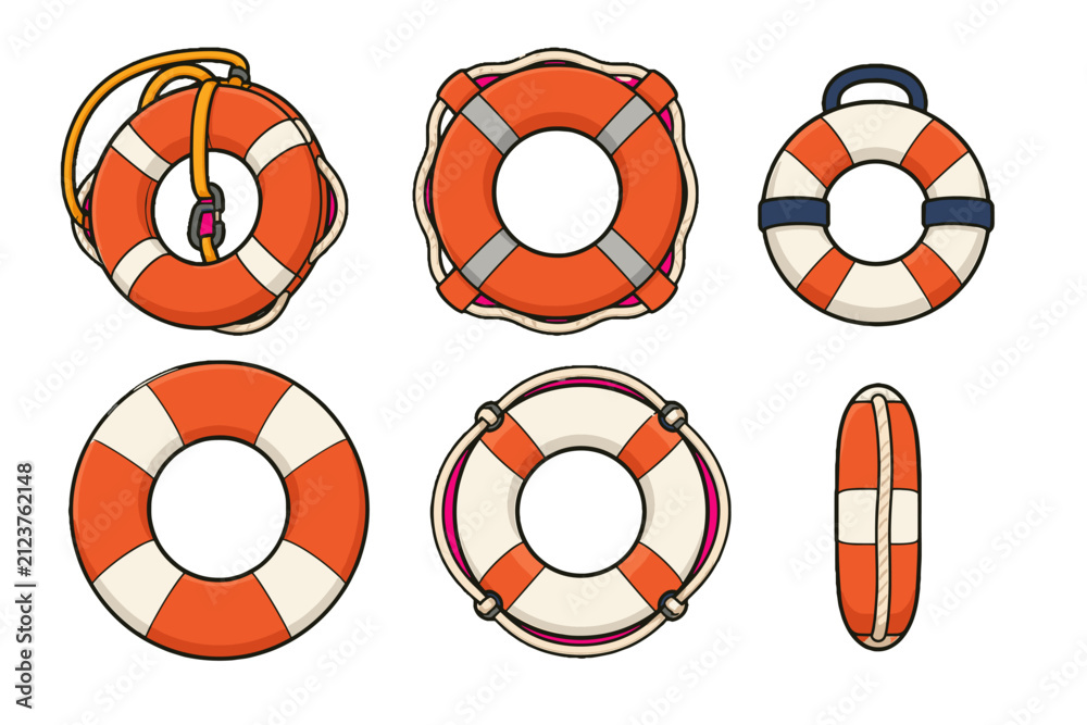Fototapeta premium Set of orange and white lifebuoy ring vector illustrations