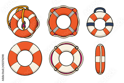 Set of orange and white lifebuoy ring vector illustrations