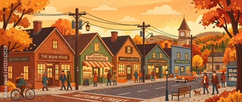 Charming autumn village street scene with local shops and people