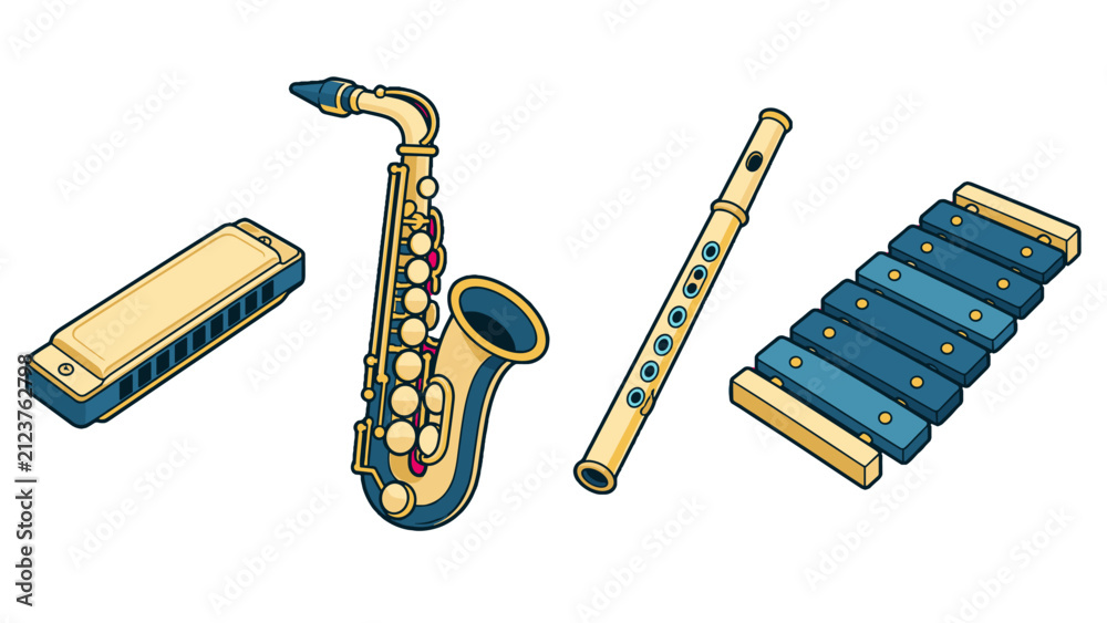 Naklejka premium Set of harmonica saxophone flute and xylophone vector icons