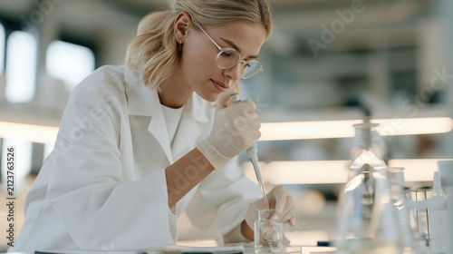 Pharmacy compounder in industrial compounding lab measuring botanical extracts under analog warm film grain lighting, process in action, custom medication preparation, sterile