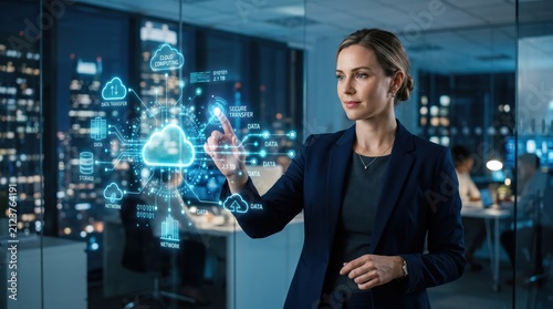 Female executive interacting with cloud computing network interface, managing secure data transfer and storage systems in high-tech digital business environment.
