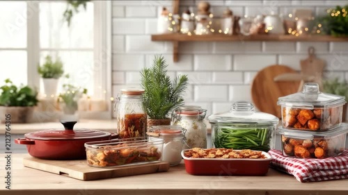 Festive holiday buffet with assorted homemade dishes and winter decorations jars and containers with prepped Christmas dishes ready to be heated organized kitchen counter